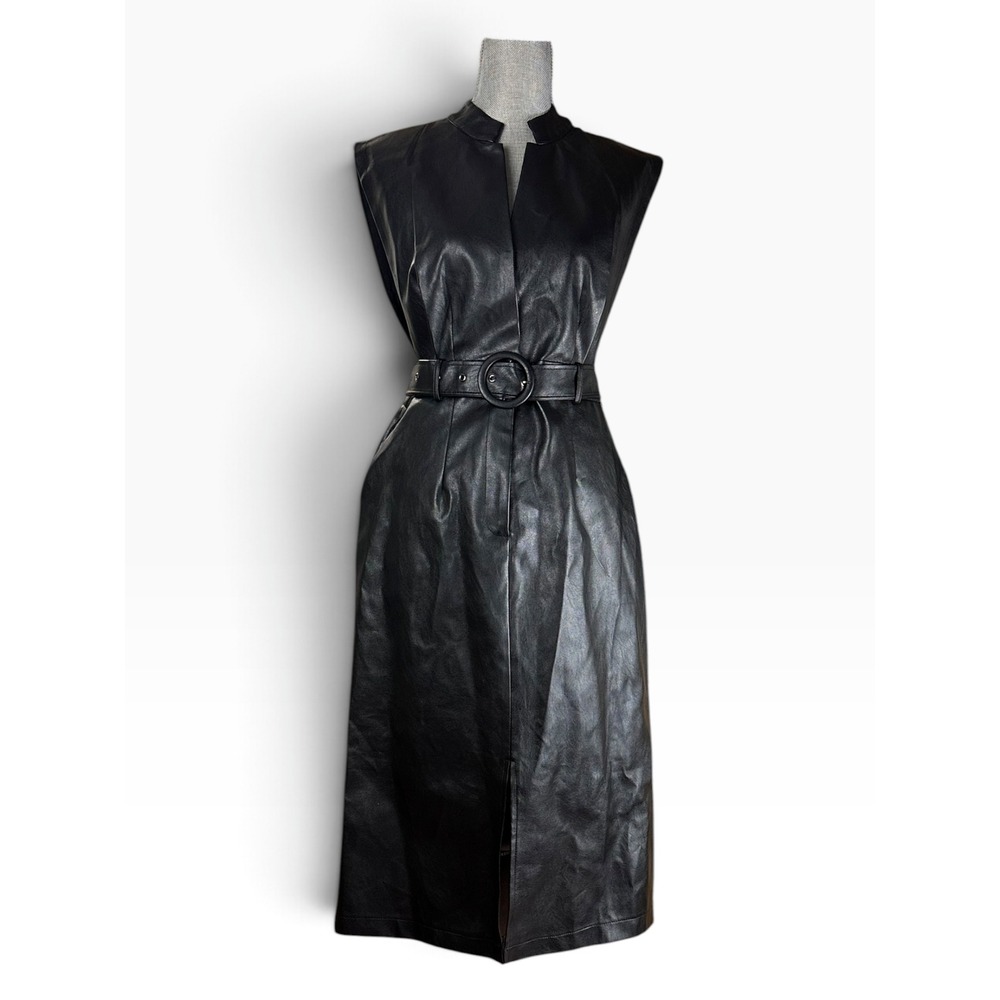 NWT Gracia Black Faux Leather Sleeveless Belted Mock Neck Midi Dress, Large